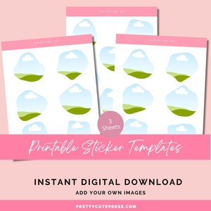 Puede incluir: Tres hojas de plantillas de pegatinas imprimibles con un diseño de paisaje. Cada pegatina presenta un cielo azul con una nube blanca y colinas verdes. El texto "Printable Sticker Templates" se muestra en cursiva.