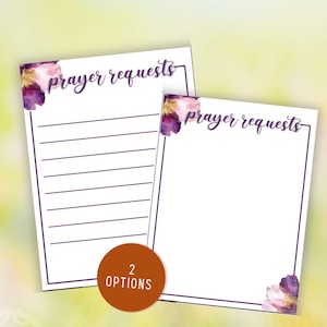 May include: Two rectangular prayer request sheets with purple floral accents in the corners. One sheet features horizontal lines for writing, while the other is blank. Both include the text prayer requests in a dark purple script font.