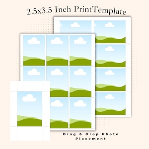 May include: A 2.5x3.5 inch print template featuring a grid layout for drag and drop photo placement. The design includes multiple rectangular frames with a light blue sky, white clouds, and green rolling hills graphic inside each section.