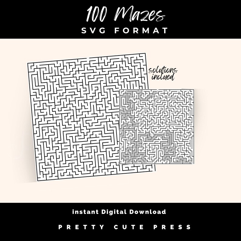 Create your own unique activity books with 100 square maze SVG files and solutions. Perfect for self publishers and digital product creators