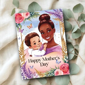 Tarjeta del Día de la Madre Afroamericana, Tarjeta de felicitación imprimible para mamá, Papelería afrocéntrica, Mamá negra y su hijo con flores, Descarga instantánea