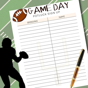 Game Day Tailgate Potluck Party Sign Up Sheet | Printable & Fillable Football Party Planner Organizer | Tailgate Food List