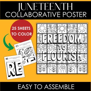 Op de afbeelding: Een zwart-witte printbare poster met de woorden "FREEDOM TO FLOURISH" in vetgedrukte letters. De poster is verdeeld in 25 vierkanten, elk met een ander ontwerp. De poster is bedoeld om door meerdere mensen te worden samengesteld en ingekleurd. De tekst "25 SHEETS TO COLOR" en "EASY TO ASSEMBLE" is ook op de poster te vinden.