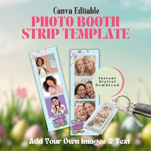 Easter Photo Booth Strip Template | 2x6 Photobooth Overlay | Bunny Photo Booth Frame + Mini Photo Keychain Inserts Canva Template