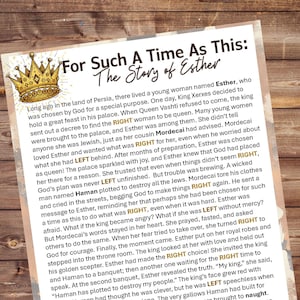 May include: A printed page with the title "For Such A Time As This: The Story of Esther" and a decorative gold crown illustration. The text details the biblical story of Esther, with key words in bold.