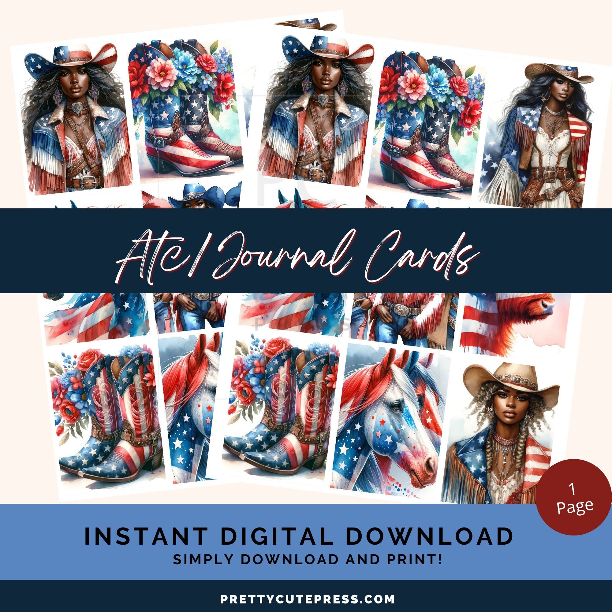 Black Patriotic Cowgirls ATC Card Set Printable Melanin Art for Junk Journals, Planners, Journals and Paper Crafts, Commercial Use Allowed