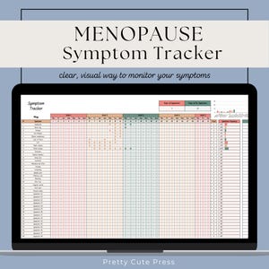 May include: A digital Menopause Symptom Tracker displayed on a laptop screen. The tracker features a grid layout with symptom categories and a visual way to monitor symptoms. The text "MENOPAUSE Symptom Tracker" is at the top.