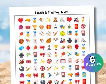 Emoji Search and Find Puzzles, Printable Travel Brain Games for Adults and Teens, Print & Play Relaxation  Quiet Time Activity