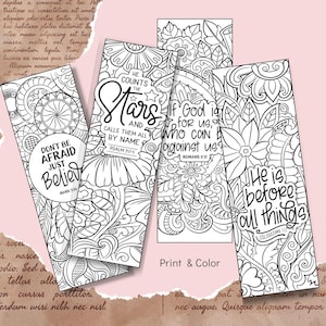 May include: Four black and white printable bookmarks with intricate floral designs and inspirational quotes. The quotes are "Don't be afraid just believe", "He counts the stars and calls them all by name", "If God is for us, who can be against us?" and "He is before all things".