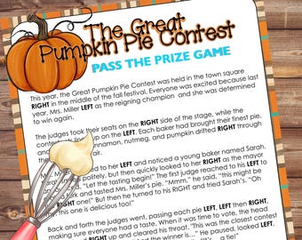 May include: A whimsical illustration for "The Great Pumpkin Pie Contest." Features a cartoon pumpkin, text, and a whisk with a dollop of cream. The design is on a cream-colored paper with an orange and brown border.