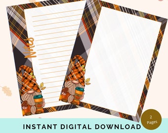 Autumn Gnome Writing Paper,  Printable Stationery Set,  Digital Notebook Inserts, Instant Digital  Download