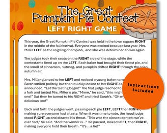 May include: A game board titled "The Great Pumpkin Pie Contest" with the text "Left Right Game." The board has an orange background with colorful polka dots and a pie illustration. A circular sticker says "Instructions Included."