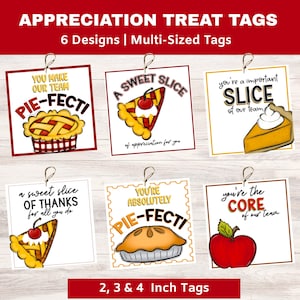 Op de afbeelding: Zes vierkante cadeaulabels met een witte achtergrond en bruine randen. De ontwerpen bevatten illustraties van taarten, een stuk taart en een appel met teksten zoals You Make Our Team Pie-fect, A Sweet Slice en You Are The Core Of Our Team.