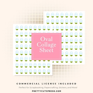 Puede incluir: Dos hojas de collage blancas con un patrón repetido de formas ovaladas, cada una con una parte superior azul y una base verde. Un cuadrado rosa en el centro dice "Oval Collage Sheet". La imagen incluye el texto "COMMERCIAL LICENSE INCLUDED".