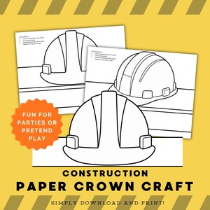 以下が含まれることがあります： 建設用ヘルメットの白黒線画が描かれた、印刷可能なペーパークラフトセット。ページには、王冠の色塗り、切り抜き、組み立ての手順が記載されています。オレンジ色の星型グラフィックには「FUN FOR PARTIES OR PRETEND PLAY」というテキストがあり、下部には「CONSTRUCTION PAPER CROWN CRAFT」および「SIMPLY DOWNLOAD AND PRINT」と書かれています。
