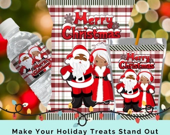 Black Santa Christmas Treat Bundle with Chip Bag Wrapper, Juice Pouch & Water Bottle Labels DIY Holiday Party Favor Celebration Decor