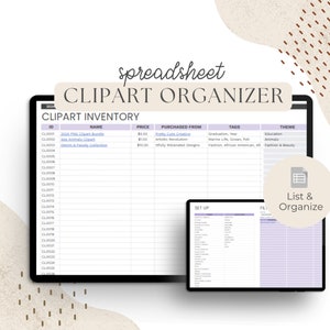 May include: A digital spreadsheet for organizing clipart inventory. The spreadsheet has columns for ID, name, price, purchased from, tags, and theme. The spreadsheet is on a tablet screen with a purple and white color scheme. The tablet is on a white background with brown and white abstract shapes.