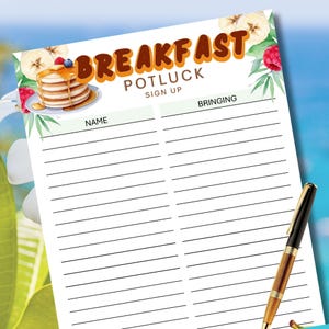 Breakfast Potluck Sign-Up Sheet – Printable or Fillable PDF Form for Office Meeting, Church, Brunch, School or Office Party Planner