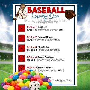 Pode incluir: Uma folha de instruções para o jogo Baseball Candy Dice com um cabeçalho vermelho e azul, um taco, uma bola e uma luva de beisebol. O texto lista as regras para os lançamentos de 1 a 6. Abaixo, há balas coloridas e um dado branco de seis lados.