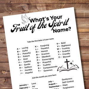 May include: A white paper with the text "What's Your Fruit of the Spirit Name?" in black script. It includes a dove illustration, a list of virtues, and a cross symbol.