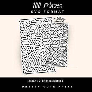 Könnte beinhalten: Ein Satz mit 100 schwarzen und weißen Labyrinth-Rätseln im SVG-Format. Die Labyrinthe sind auf weißem Papier gedruckt und Lösungen sind enthalten.