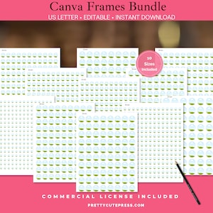 Könnte beinhalten: Ein Satz von 10 bedruckbaren Blättern mit runden Rahmen in einem Design mit grünem Gras und blauem Himmel. Die Rahmen sind in verschiedenen Größen von 10 mm bis 25 mm erhältlich. Der Text "Canva Frames Bundle" und "10 Sizes Included" ist auf dem Bild sichtbar. Der Text "COMMERCIAL LICENSE INCLUDED" und "PRETTYCUTEPRESS.COM" ist ebenfalls auf dem Bild sichtbar.
