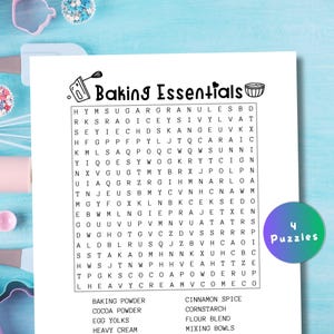May include: A black and white printable word search puzzle with the title "Baking Essentials". The puzzle features words related to baking, such as "baking powder", "cocoa powder", "egg yolks", "heavy cream", "cinnamon spice", "cornstarch", "flour blend", and "mixing bowls".