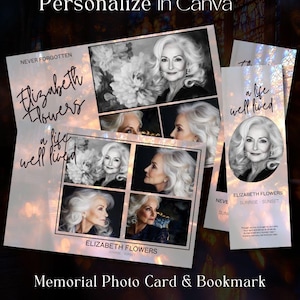 Plantilla de tarjeta fotográfica y marcapáginas conmemorativo editable en Canva, homenaje funerario, recuerdos personalizados para celebrar la vida.