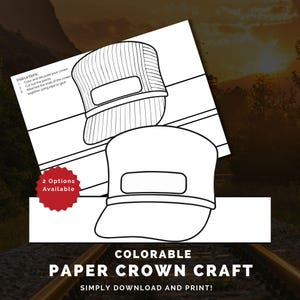 Może przedstawiać: Czarno-białe, drukowane rzemiosło z papierową koroną z dwoma wzorami kapeluszy. Obraz zawiera instrukcje i tekst "COLORABLE PAPER CROWN CRAFT SIMPLY DOWNLOAD AND PRINT!" Czerwona naklejka głosi "2 Options Available."