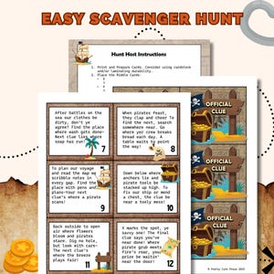 May include: A printable pirate-themed scavenger hunt game with instructions and riddle cards. The cards feature pirate-themed clues and illustrations, including treasure chests, ships, and maps. The game is designed for children.