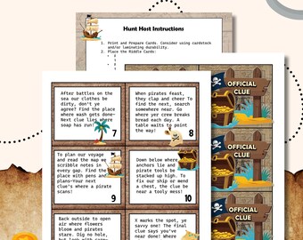May include: A printable pirate-themed scavenger hunt game with instructions and riddle cards. The cards feature pirate-themed clues and illustrations, including treasure chests, ships, and maps. The game is designed for children.