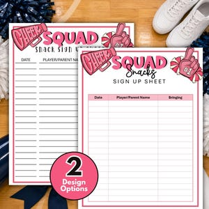 Peut inclure: Deux feuilles d'inscription imprimables pour les collations d'une équipe de cheerleading avec du texte rose et noir, un mégaphone rose et un doigt en mousse rose. Les feuilles incluent des colonnes pour la date, le nom et les articles apportés.