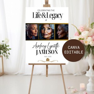 May include: A memorial sign on a wooden easel. The sign reads "Celebrating the Life & Legacy of Audrey Lynette Jameson 1943-2030" with three portraits of the deceased. A brown circle with the text "CANVA EDITABLE" is on the right.