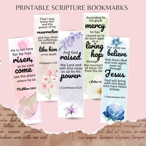 May include: Set of five printable scripture bookmarks with floral and butterfly illustrations. Each bookmark features a different Bible verse in a decorative font, with a soft pastel color palette.
