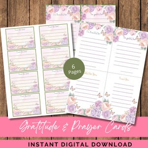 May include: Gratitude and prayer cards with floral and butterfly designs. The cards feature soft pink, purple, and green colors. The text on the cards includes phrases like "Thank You" and "I'm thankful for." The image also includes the text "6 Pages" and "Instant Digital Download."