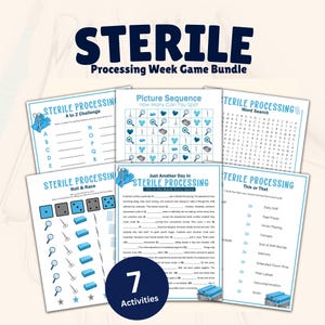 May include: A Sterile Processing Week Game Bundle featuring seven activity sheets with blue text and graphics. The pages include an A to Z challenge, a picture sequence, a word search, a roll and race game, a fill-in-the-blank story, and this or that.