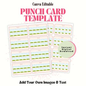 Op de afbeelding: Een roze, bewerkbare Canva-stempelkaart sjabloon met de tekst "PUNCH CARD TEMPLATE". De sjabloon bevat ruimtes voor doelen en beloningen, met de tekst "Goal" en "Reward" zichtbaar. De woorden "Add Your Own Images & Text" worden ook weergegeven.