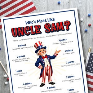 May include: A patriotic game sheet titled "Who's Most Like Uncle Sam?" features an illustration of Uncle Sam. The game includes point-based prompts related to patriotic themes, such as wearing red, white, or blue, and knowing a patriotic song.