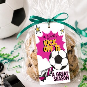 May include: A clear plastic bag containing chocolate chip cookies, tied with a green ribbon and a rectangular tag. The tag features a pink starburst, a soccer ball, a soccer cleat, and the text A SWEET KICK OFF TO A GREAT SEASON.