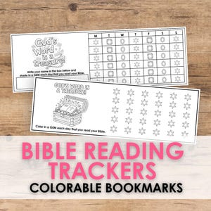 May include: Two white printable Bible reading tracker bookmarks. One bookmark has a weekly chart with gem shapes, the other has a treasure chest graphic. Text includes "God's Word is a treasure!" and "Bible Reading Trackers Colorable Bookmarks."