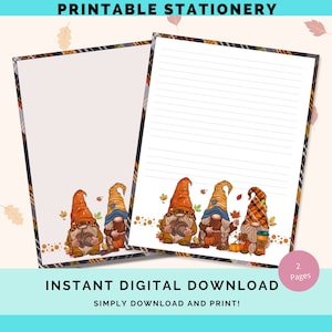 Papelaria para impressão de gnomos de outono, conjunto de papelaria de outono, páginas de escrita digital, folhas para escrever cartas, download instantâneo