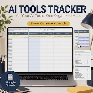 May include: A laptop screen displaying an AI Tools Tracker spreadsheet with columns for app names, links, and purposes. The interface includes a Mini App Inventory table, an inventory summary sidebar, and a Google Sheets logo icon in the corner.