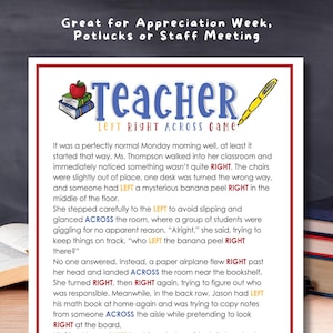 May include: A colourful Teacher Left Right Across Game sign with a red border. The sign features the word "Teacher" in blue and the game title in black. A stack of books with an apple and a yellow pen are also shown.