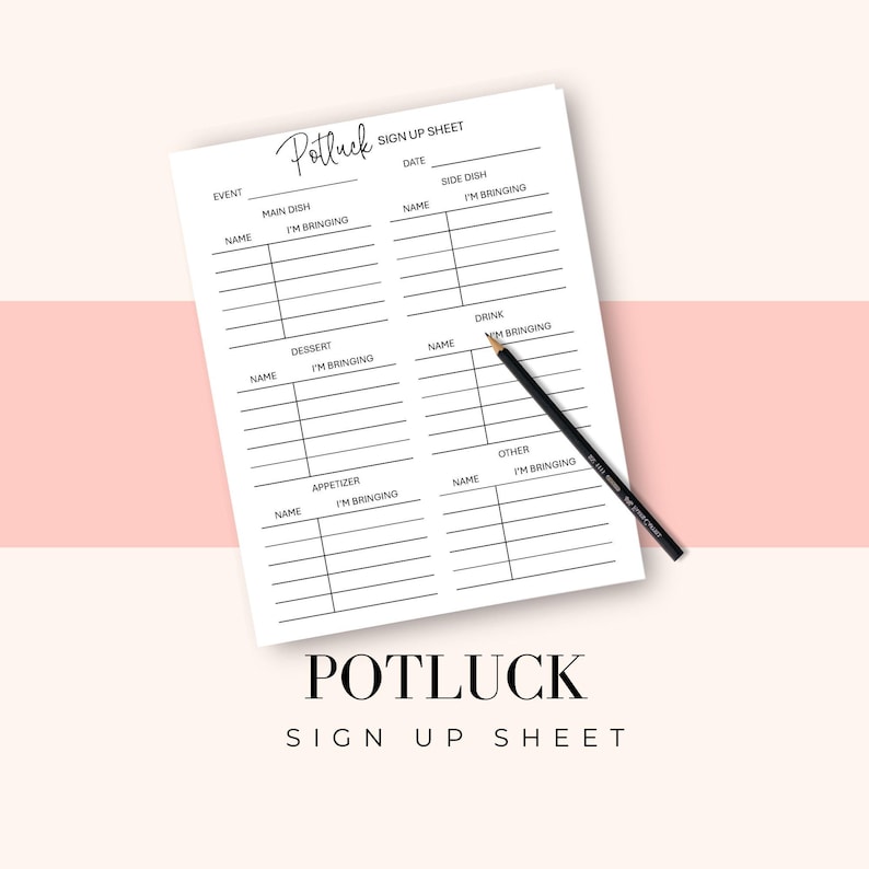 Potluck Party Essential Food List Category Sign up Sheet for Main ...