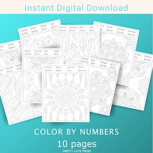 Color by Numbers Coloring Pages, Printable Adult Colouring Sheets, Instant Digital Download