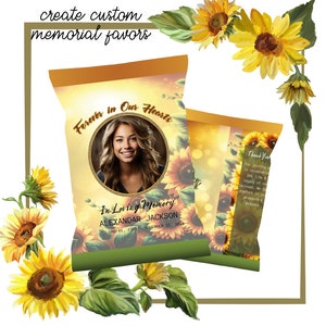 Sacs personnalisés pour cadeaux commémoratifs - Emballage de régal tournesol pour toujours dans nos coeurs - Emballage à chips imprimable Célébration de la vie en souvenir d'amour