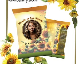 Personalized Memorial Favor Bags - Forever in Our Hearts Sunflower Treat Wrapper - In Loving Memory Celebration of Life Printable Chip Wrap