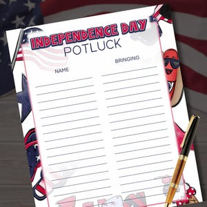 Peut inclure: Une liste blanche pour un potluck du Jour de l'Indépendance avec des graphiques patriotiques rouges, blancs et bleus. La liste comprend des espaces pour les noms et ce que les gens apportent. Un stylo repose dans le coin inférieur droit.