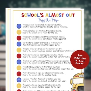 May include: A colourful printable game card titled "SCHOOL'S ALMOST OUT" with instructions for a fun activity. The card features a list of prompts and a red circle with the text "Fun Addition to Your Event". A yellow school bus illustration is in the bottom right corner.