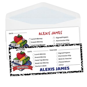 May include: School-themed stationery set featuring a white envelope and two matching cards. The cards have a black and white border and include spaces for student and teacher information, with options for lunch money, permission slips, and notes.